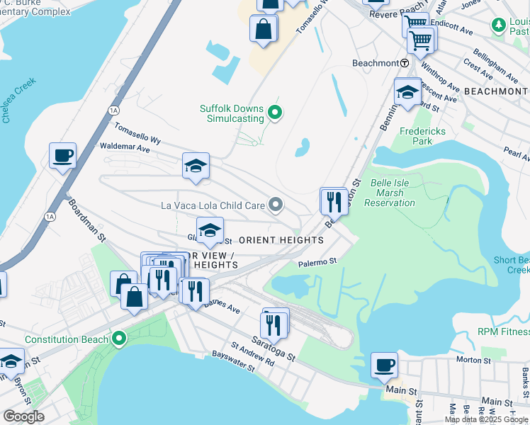 map of restaurants, bars, coffee shops, grocery stores, and more near 42 Orient Avenue in Boston