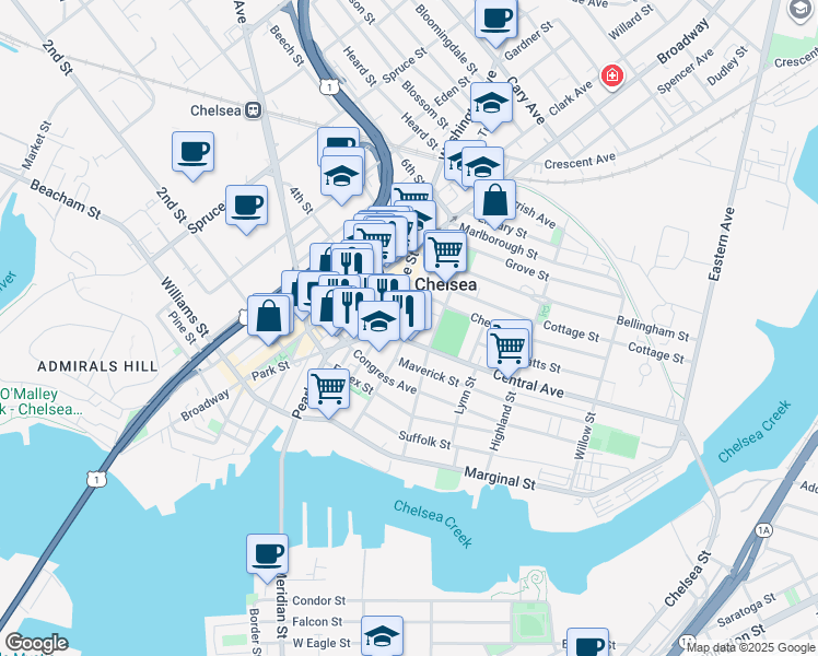 map of restaurants, bars, coffee shops, grocery stores, and more near 32 Central Avenue in Chelsea