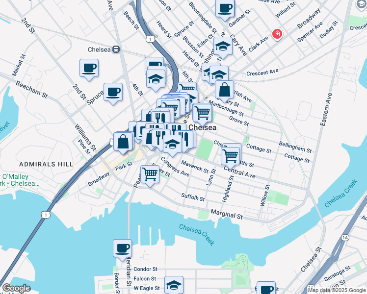 map of restaurants, bars, coffee shops, grocery stores, and more near 32 Central Avenue in Chelsea