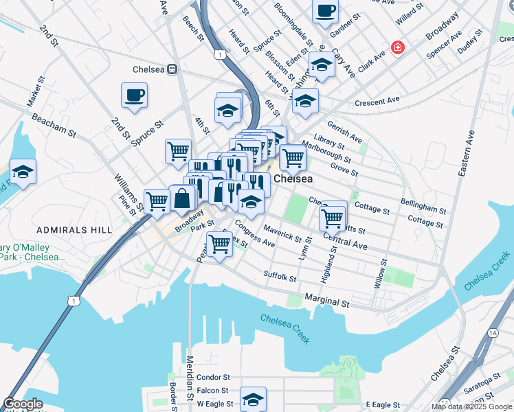 map of restaurants, bars, coffee shops, grocery stores, and more near 99 Hawthorne Street in Chelsea