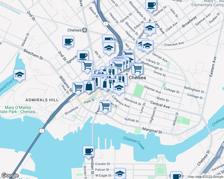 map of restaurants, bars, coffee shops, grocery stores, and more near 128 Park Street in Chelsea