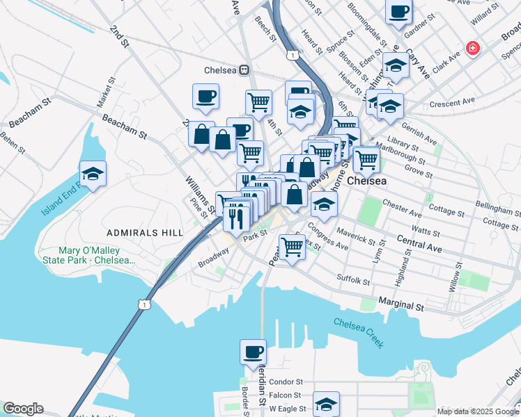 map of restaurants, bars, coffee shops, grocery stores, and more near 59 Cherry Street in Chelsea