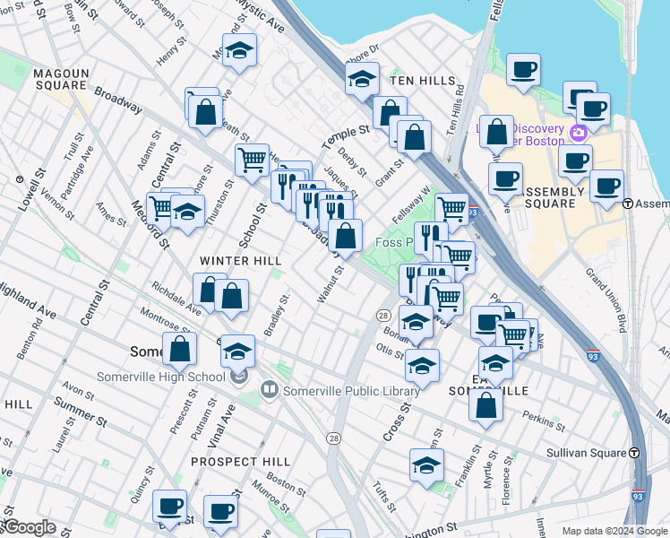 map of restaurants, bars, coffee shops, grocery stores, and more near 6 Wellington Avenue in Somerville