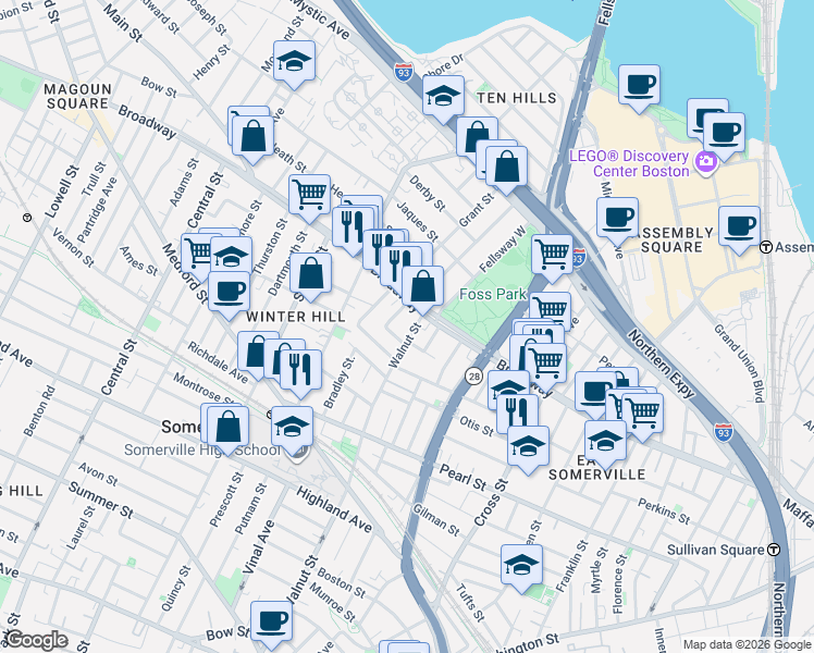 map of restaurants, bars, coffee shops, grocery stores, and more near 6 Wellington Avenue in Somerville
