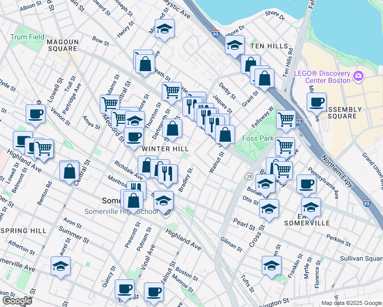 map of restaurants, bars, coffee shops, grocery stores, and more near 60B Marshall Street in Somerville