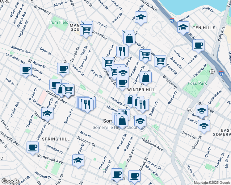 map of restaurants, bars, coffee shops, grocery stores, and more near 55 Richdale Avenue in Somerville