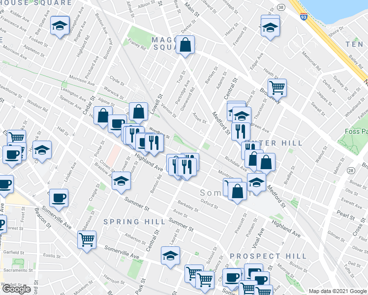 map of restaurants, bars, coffee shops, grocery stores, and more near 7 Albion Street in Somerville