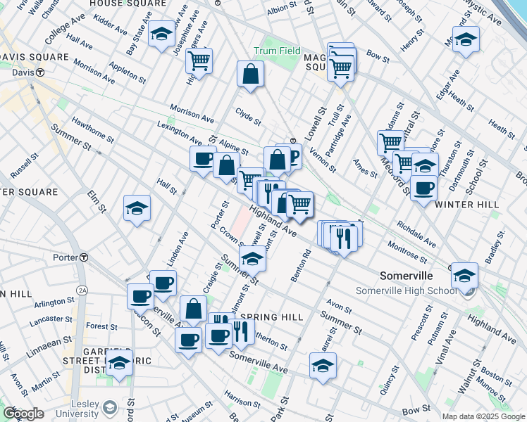 map of restaurants, bars, coffee shops, grocery stores, and more near 219 Highland Avenue in Somerville
