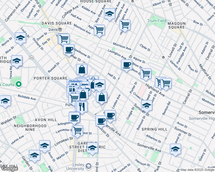 map of restaurants, bars, coffee shops, grocery stores, and more near 21 Ashland Street in Somerville