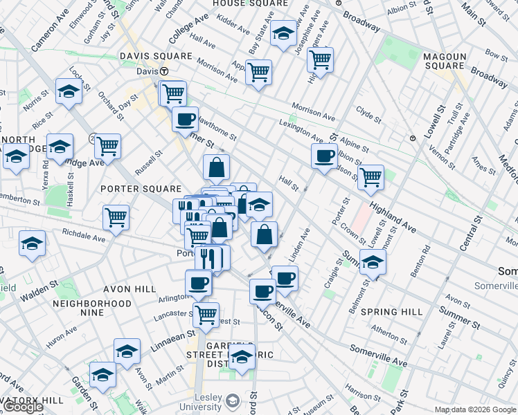 map of restaurants, bars, coffee shops, grocery stores, and more near 14 Cherry Street in Somerville