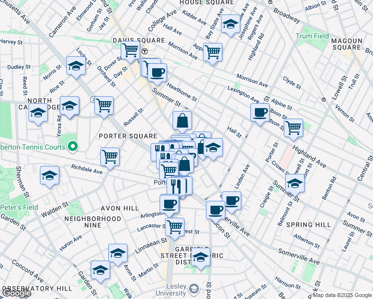 map of restaurants, bars, coffee shops, grocery stores, and more near 49 White Street in Cambridge