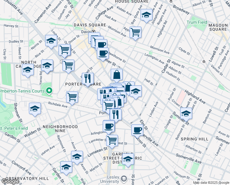 map of restaurants, bars, coffee shops, grocery stores, and more near 19 Davenport Street in Cambridge