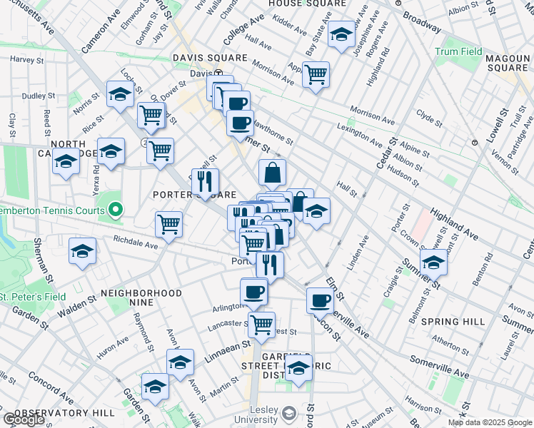 map of restaurants, bars, coffee shops, grocery stores, and more near 19 Davenport Street in Cambridge