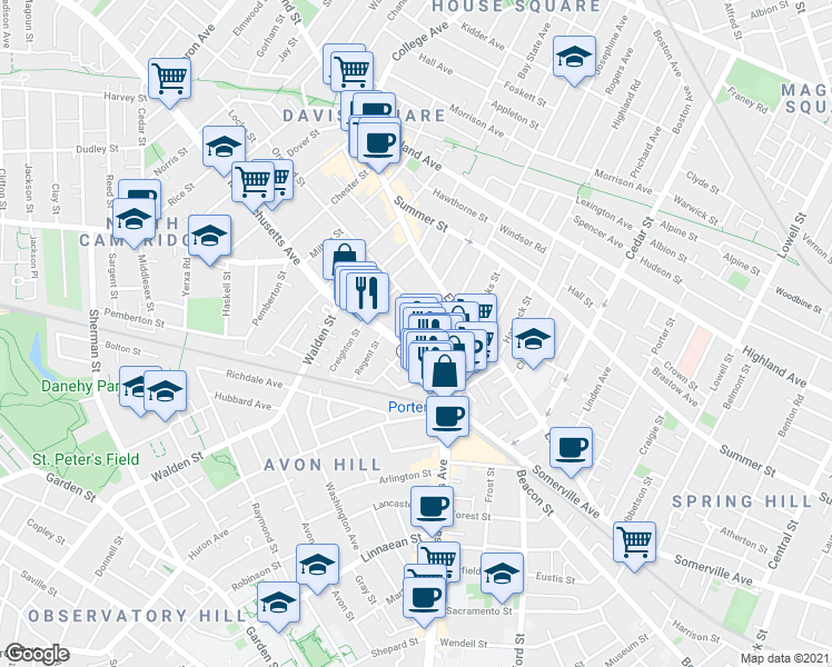 map of restaurants, bars, coffee shops, grocery stores, and more near 1972 Massachusetts Avenue in Cambridge