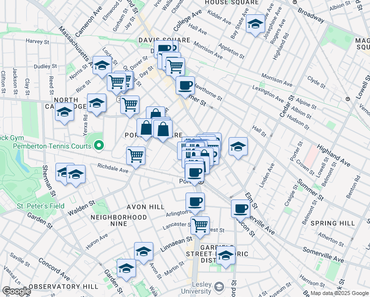 map of restaurants, bars, coffee shops, grocery stores, and more near 1972 Massachusetts Avenue in Cambridge