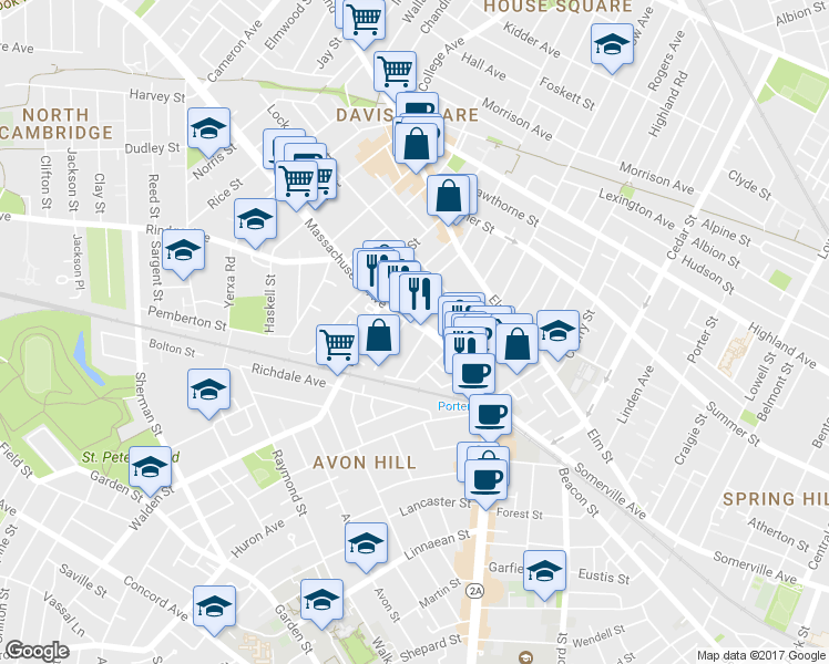 map of restaurants, bars, coffee shops, grocery stores, and more near 58 Regent Street in Cambridge
