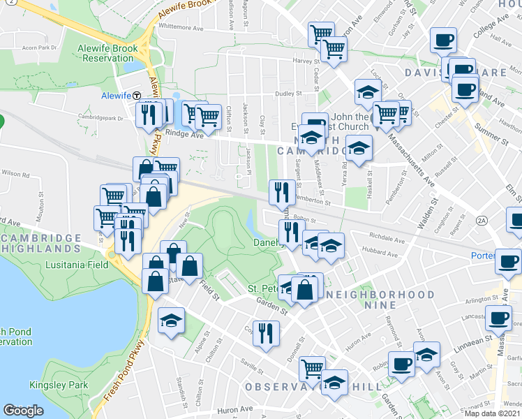 map of restaurants, bars, coffee shops, grocery stores, and more near 29 Bellis Circle in Cambridge