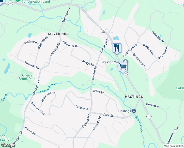 map of restaurants, bars, coffee shops, grocery stores, and more near 308 Conant Road in Weston