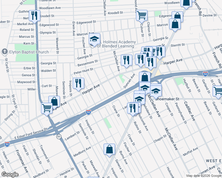 map of restaurants, bars, coffee shops, grocery stores, and more near 6233 Rohns Street in Detroit