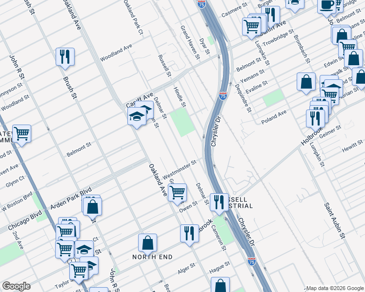 map of restaurants, bars, coffee shops, grocery stores, and more near 9544 Delmar Street in Detroit