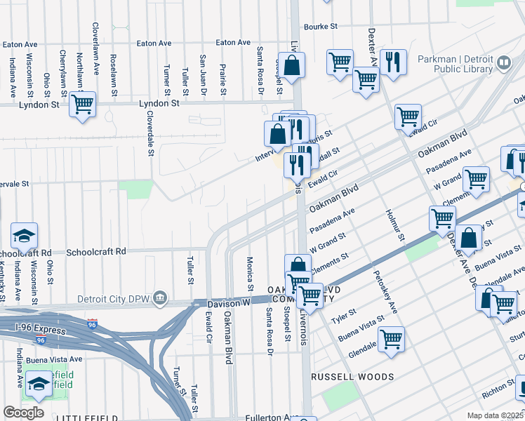 map of restaurants, bars, coffee shops, grocery stores, and more near 2724 Oakman Boulevard in Detroit