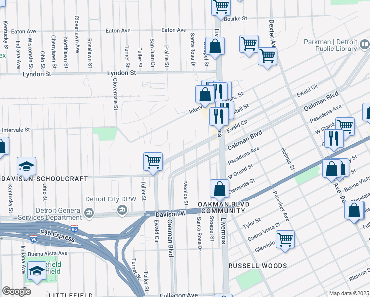 map of restaurants, bars, coffee shops, grocery stores, and more near 2723 Ewald Circle in Detroit