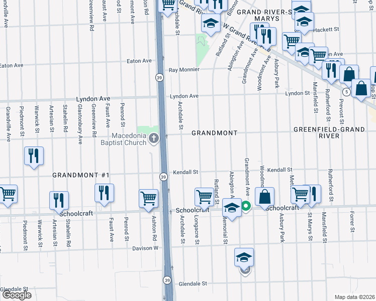 map of restaurants, bars, coffee shops, grocery stores, and more near 14154 Archdale Street in Detroit