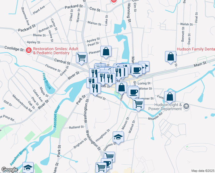 map of restaurants, bars, coffee shops, grocery stores, and more near 5 Market Street in Hudson
