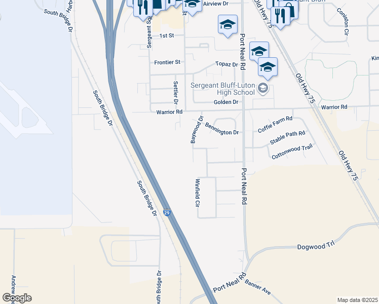 map of restaurants, bars, coffee shops, grocery stores, and more near 501 Baywood Court in Sergeant Bluff