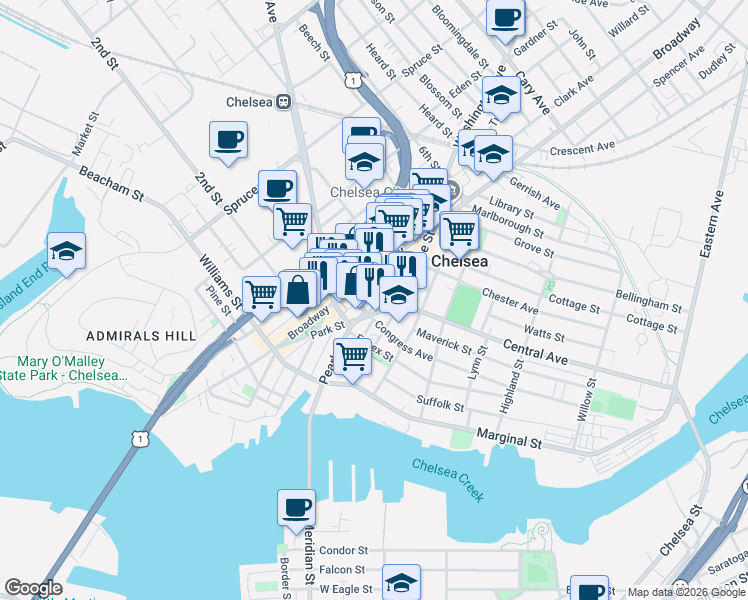 map of restaurants, bars, coffee shops, grocery stores, and more near 128 Park Street in Chelsea