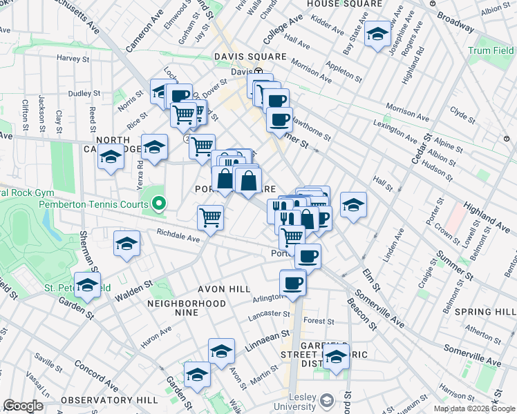 map of restaurants, bars, coffee shops, grocery stores, and more near 2018 Massachusetts Avenue in Cambridge