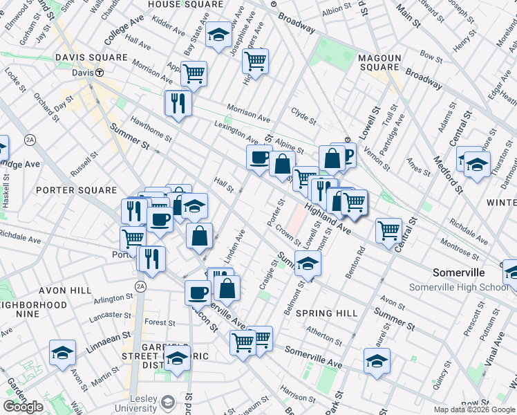 map of restaurants, bars, coffee shops, grocery stores, and more near 9 Porter Avenue in Somerville