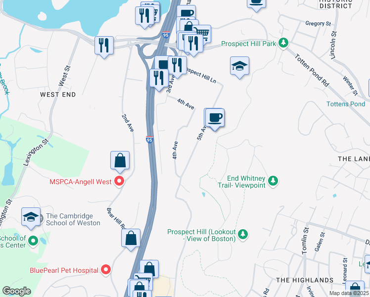 map of restaurants, bars, coffee shops, grocery stores, and more near 103 4th Avenue in Waltham