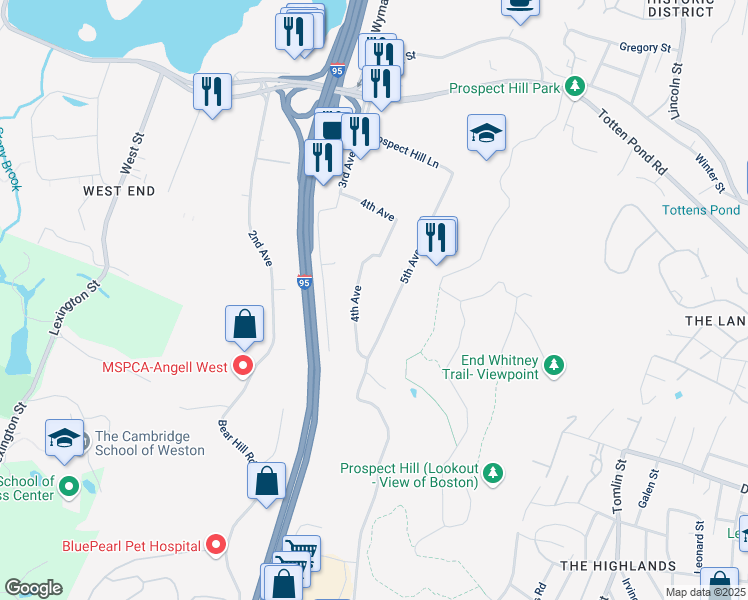 map of restaurants, bars, coffee shops, grocery stores, and more near 103 4th Avenue in Waltham