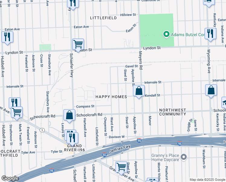 map of restaurants, bars, coffee shops, grocery stores, and more near 14101 Ward Avenue in Detroit