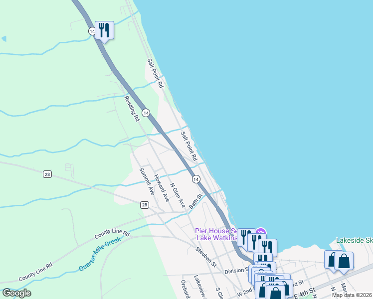 map of restaurants, bars, coffee shops, grocery stores, and more near 200 Reading Rd in Watkins Glen