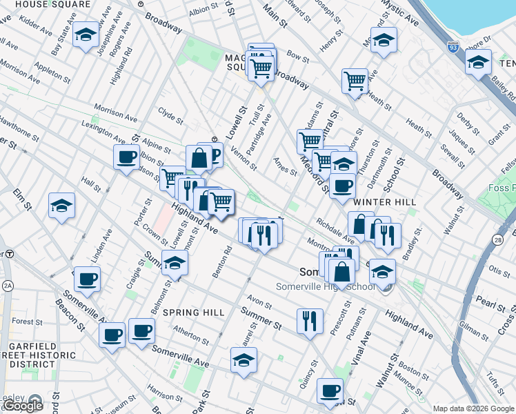 map of restaurants, bars, coffee shops, grocery stores, and more near 7 Albion Street in Somerville