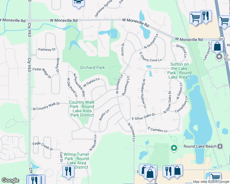 map of restaurants, bars, coffee shops, grocery stores, and more near 91 East Rosewood Lane in Round Lake Beach