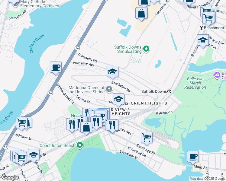 map of restaurants, bars, coffee shops, grocery stores, and more near 145 Gladstone Street in Boston