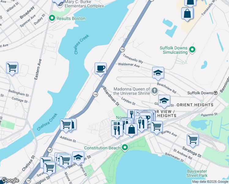 map of restaurants, bars, coffee shops, grocery stores, and more near 111 Boardman Street in Boston