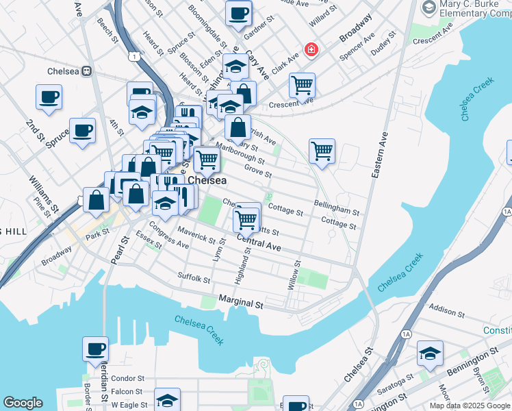map of restaurants, bars, coffee shops, grocery stores, and more near 119 Highland Street in Chelsea