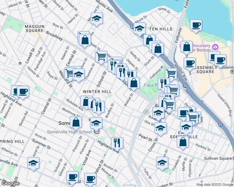 map of restaurants, bars, coffee shops, grocery stores, and more near 47 Sargent Avenue in Somerville