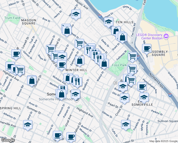 map of restaurants, bars, coffee shops, grocery stores, and more near 60B Marshall Street in Somerville