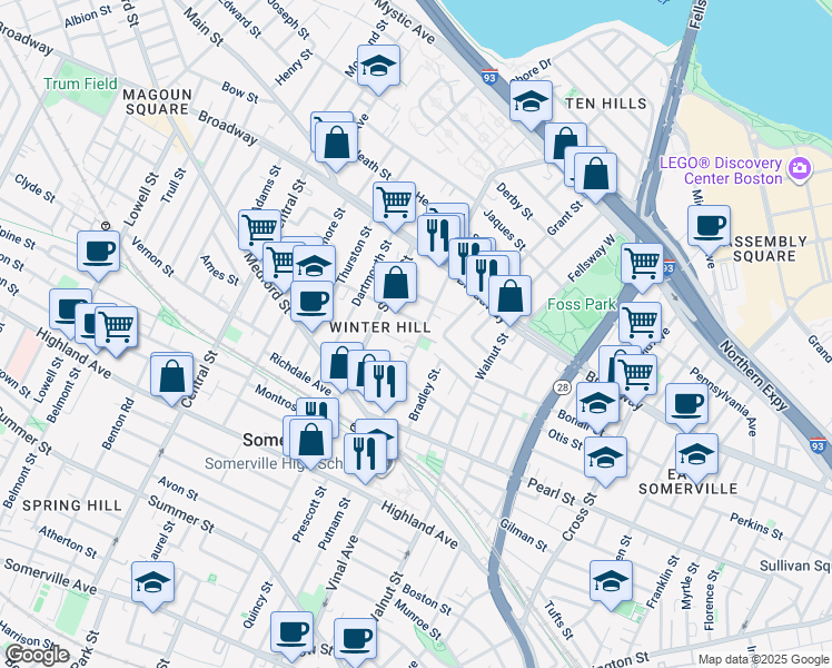 map of restaurants, bars, coffee shops, grocery stores, and more near 60B Marshall Street in Somerville