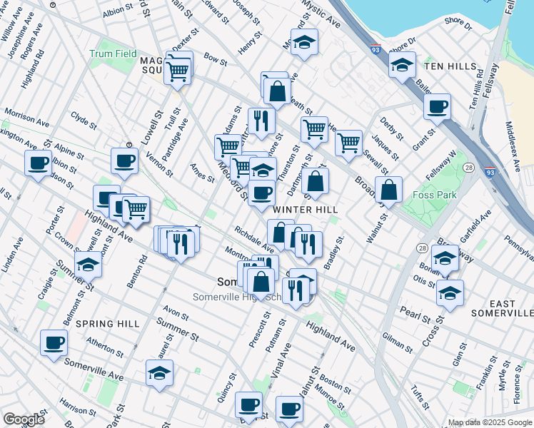 map of restaurants, bars, coffee shops, grocery stores, and more near 9 Thurston Street in Somerville