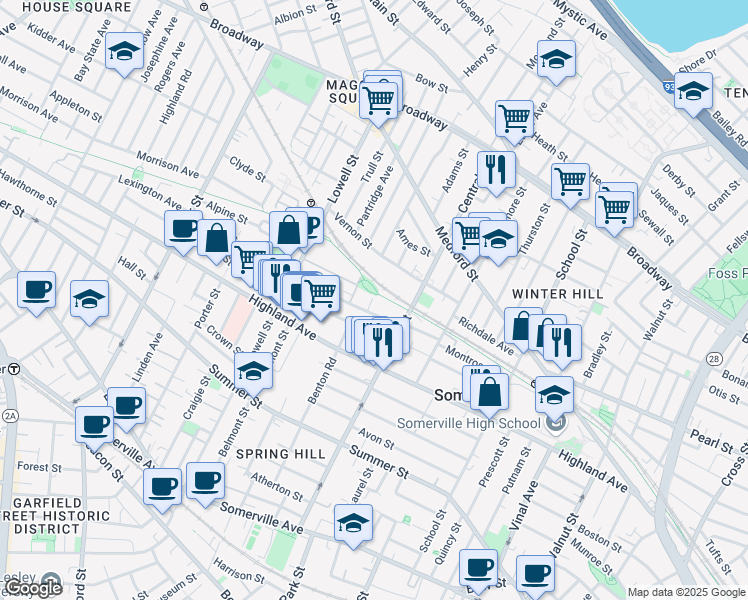 map of restaurants, bars, coffee shops, grocery stores, and more near 7 Albion Street in Somerville