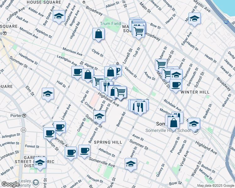 map of restaurants, bars, coffee shops, grocery stores, and more near 191 Highland Avenue in Somerville