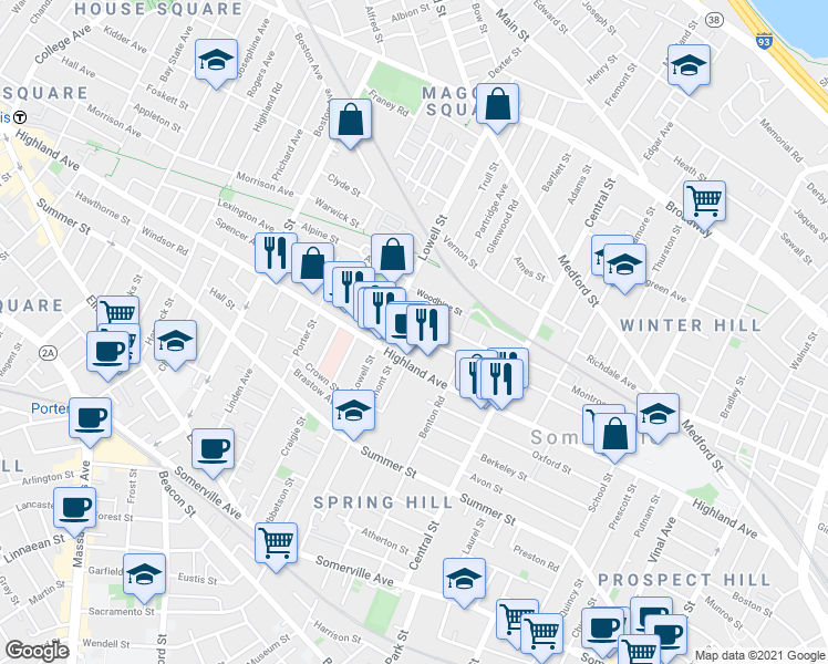 map of restaurants, bars, coffee shops, grocery stores, and more near 191 Highland Avenue in Somerville