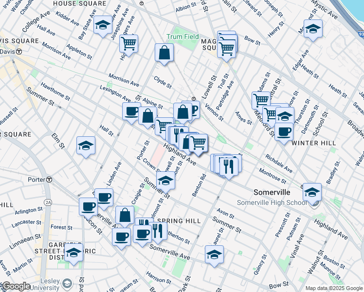 map of restaurants, bars, coffee shops, grocery stores, and more near 219 Highland Avenue in Somerville