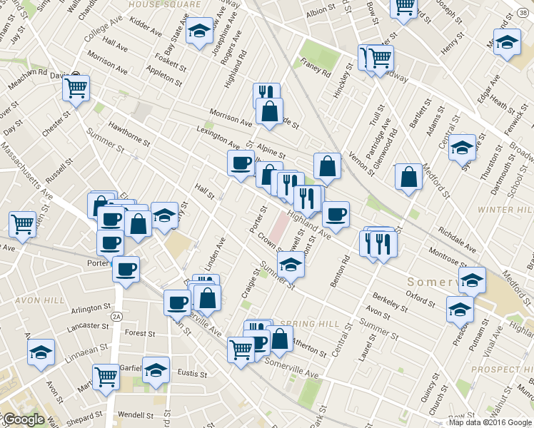 map of restaurants, bars, coffee shops, grocery stores, and more near 29 Crocker Street in Somerville